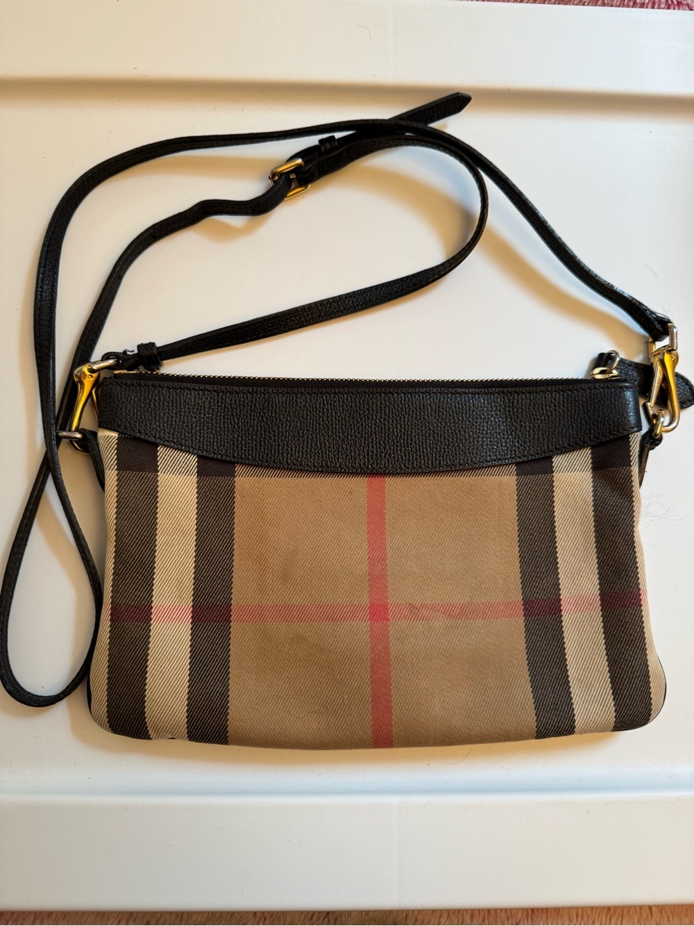 Burberry Peyton Black Trim Tan Check Crossbody Bag with Red Accent - Picture 3 of 8